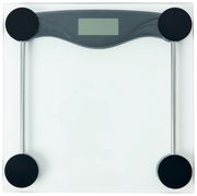 Digitale Personenwaage aus Glas mit LCD-Display und vier runden Standfüßen, Draufsicht von oben