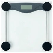 Digitale Personenwaage aus Glas mit LCD-Display und vier runden Standfüßen, Draufsicht von oben