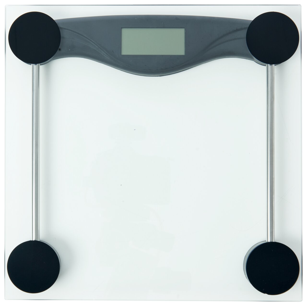 Digitale Personenwaage aus Glas mit LCD-Display und vier runden Standfüßen, Draufsicht von oben