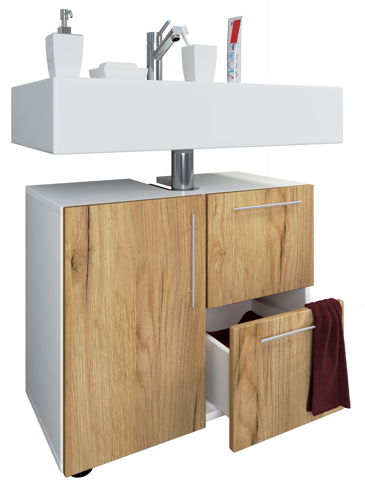 Modernes Bad-Waschbecken mit weißem Aufsatzbecken und Unterschrank in Holzoptik mit Metallgriffen, eine Schublade geöffnet mit Handtuch; Ansicht schräg von vorne rechts.