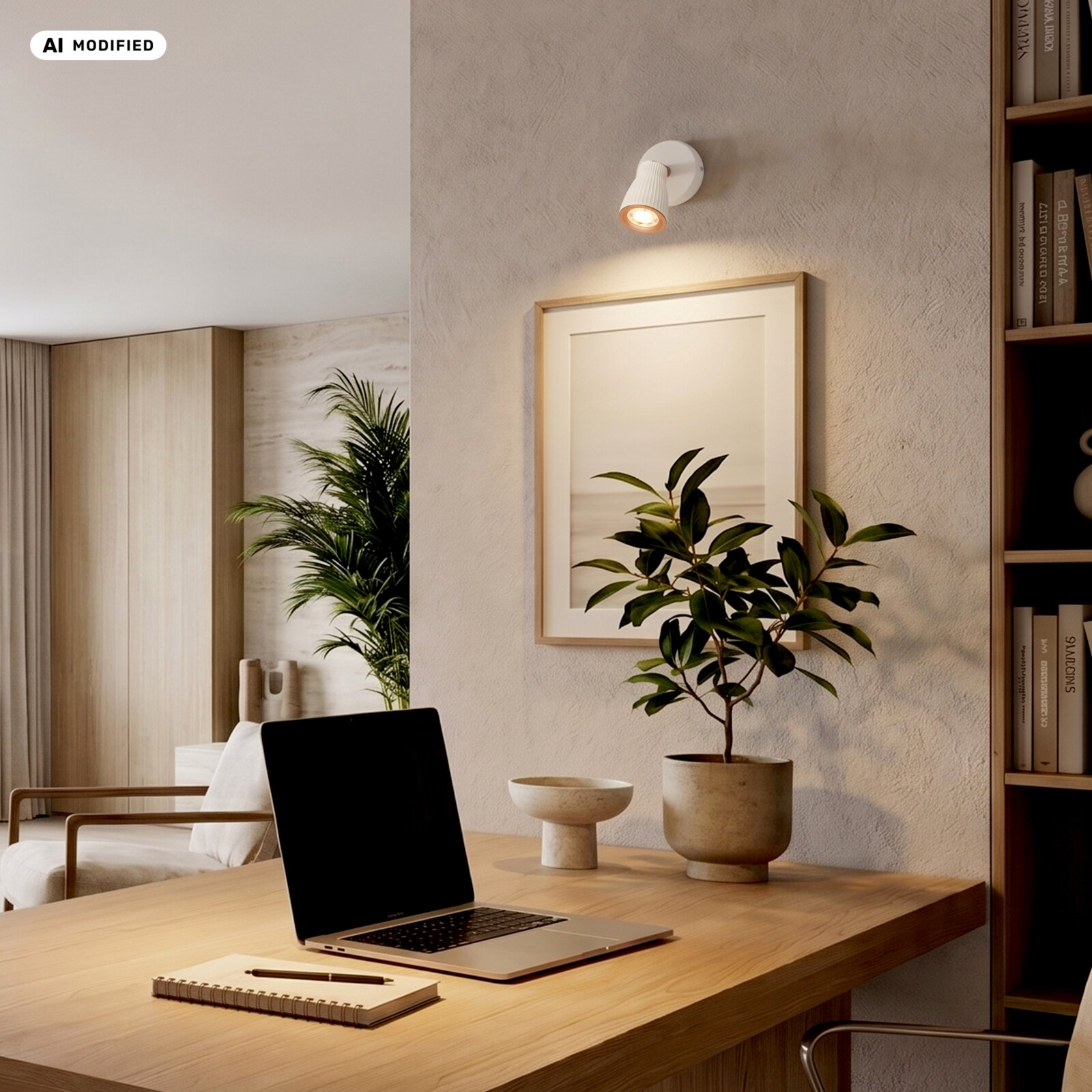 Weiße, zylindrische Wand-Spotleuchte leuchtet warmes Licht auf ein gerahmtes Bild über einem Holzschreibtisch im modernen Homeoffice, Perspektive: leicht schräg von vorn