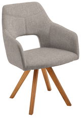 Moderner grauer Sessel mit Holzbeinen, seitliche Perspektive