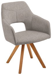 Moderner grauer Sessel mit Holzbeinen, seitliche Perspektive