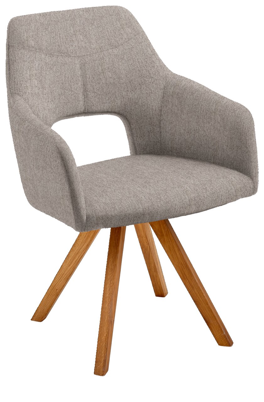 Moderner grauer Sessel mit Holzbeinen, seitliche Perspektive