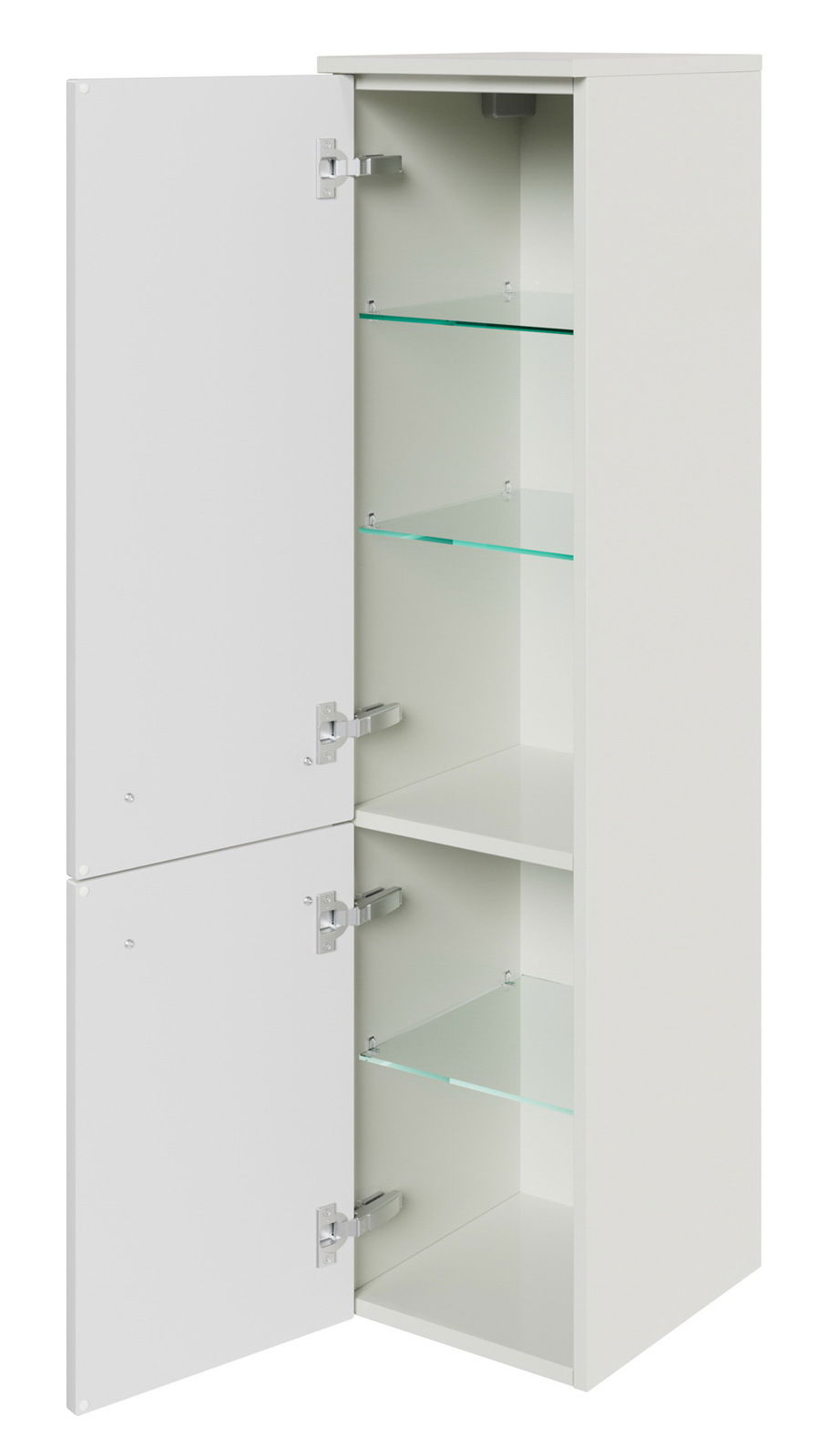 Weißer Midischrank mit zwei offenen Türen, Glasböden und seitlicher Perspektive