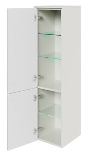 Weißer Midischrank mit zwei offenen Türen, Glasböden und seitlicher Perspektive