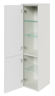 Weißer Midischrank mit zwei offenen Türen, Glasböden und seitlicher Perspektive
