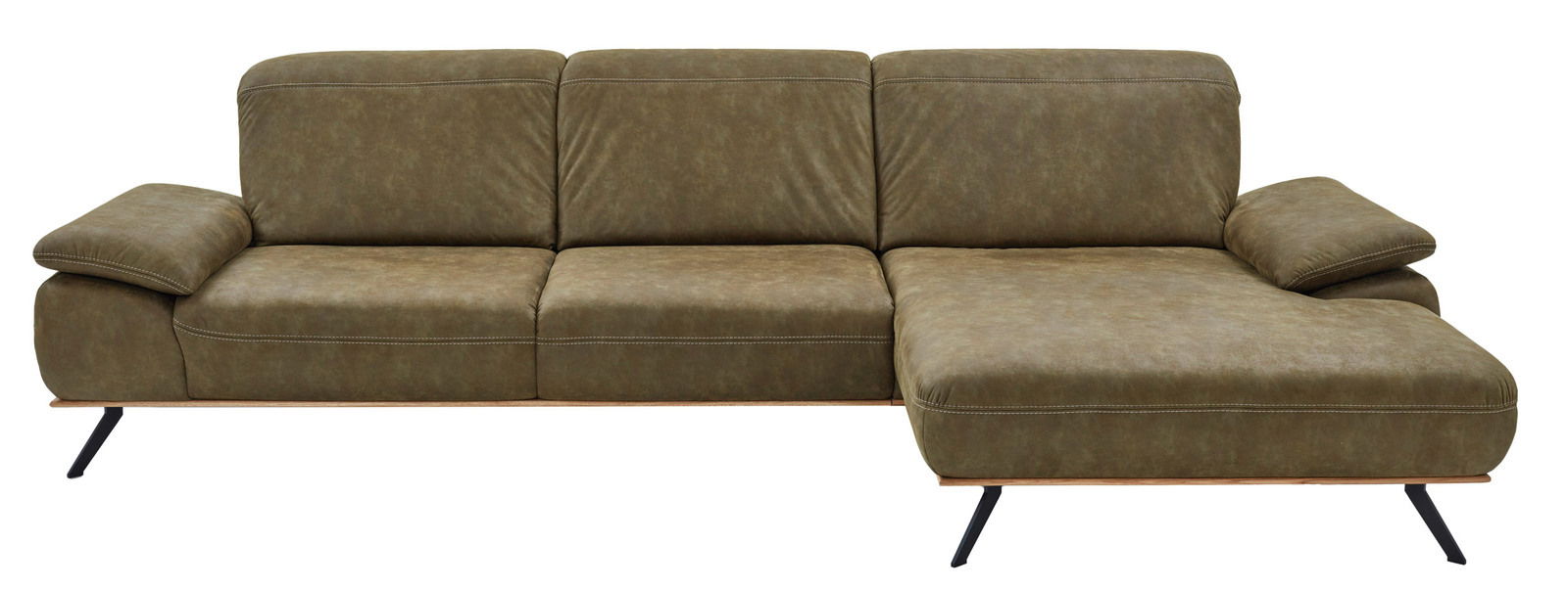 Grüne Longchairkombination mit drei Sitzplätzen und einem rechten Longchair, aus einer frontalen Perspektive fotografiert.