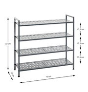 Silberfarbenes, 4-stöckiges Metall-Regal mit gelochten Ablageflächen und Maßangaben (72 cm hoch, 73 cm breit, 25 cm tief; Ebenenabstand je 17,5 cm), dargestellt in schräger Vorderansicht.
