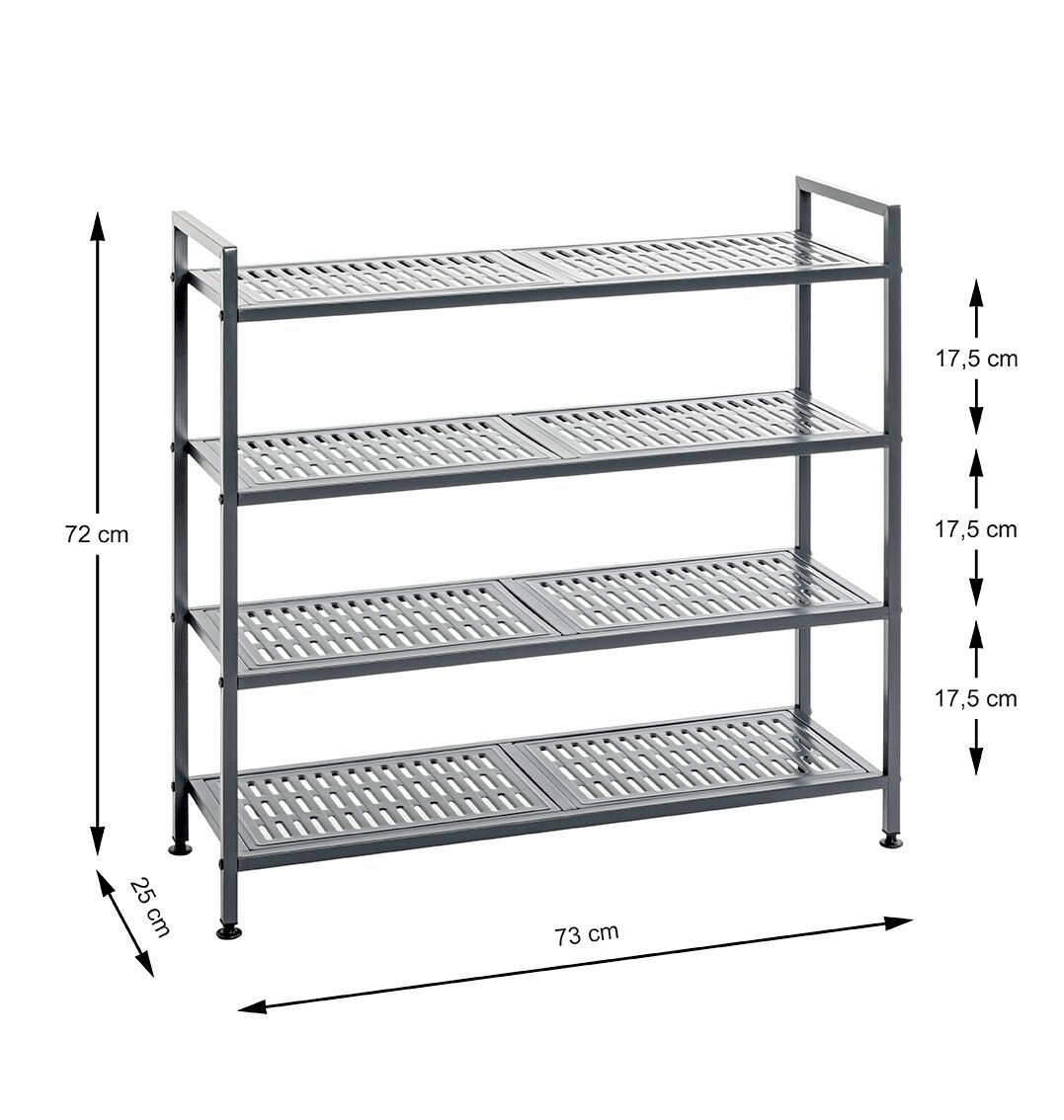 Silberfarbenes, 4-stöckiges Metall-Regal mit gelochten Ablageflächen und Maßangaben (72 cm hoch, 73 cm breit, 25 cm tief; Ebenenabstand je 17,5 cm), dargestellt in schräger Vorderansicht.