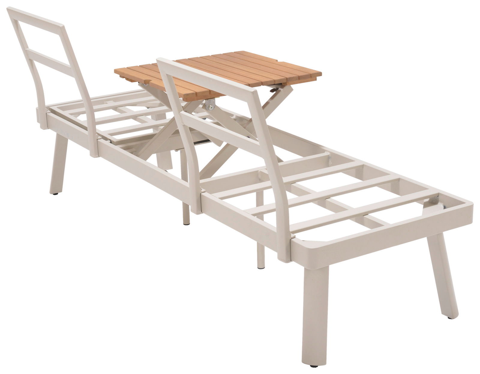 Rückansicht einer weißen Lounge-Kombination mit Metallrahmen und einem kleinen Holztisch in der Mitte.