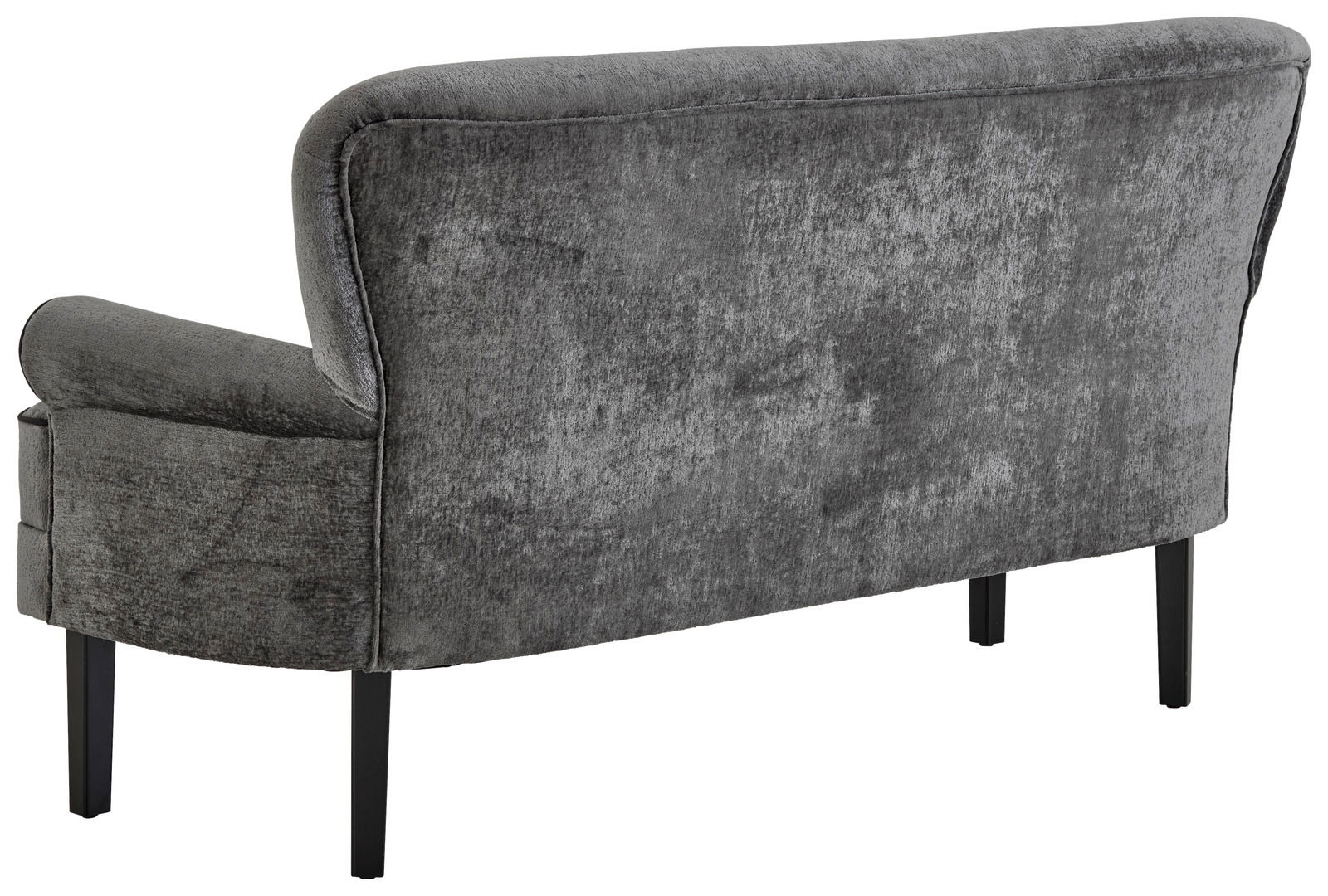 Rückansicht einer grauen Sitzbank mit schwarzem Gestell und geschwungener Rückenlehne.