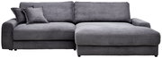 Graues Cord-Ecksofa mit rechter Ottomane/Recamiere, breiten Armlehnen und zwei Kissen, frontale Ansicht auf weißem Hintergrund