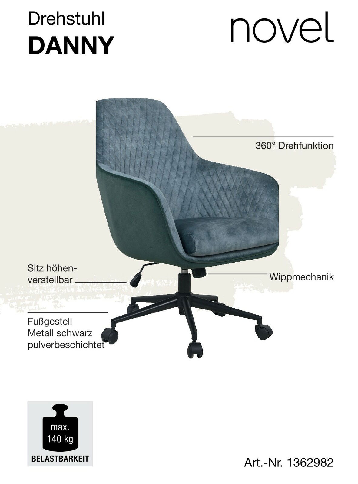 Moderner Drehstuhl DANNY in seitlicher Perspektive mit 360° Drehfunktion, höhenverstellbarem Sitz, Wippmechanik und schwarzem, pulverbeschichtetem Metallfußgestell. Maximale Belastbarkeit 140 kg.