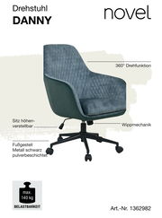 Moderner Drehstuhl DANNY in seitlicher Perspektive mit 360° Drehfunktion, höhenverstellbarem Sitz, Wippmechanik und schwarzem, pulverbeschichtetem Metallfußgestell. Maximale Belastbarkeit 140 kg.