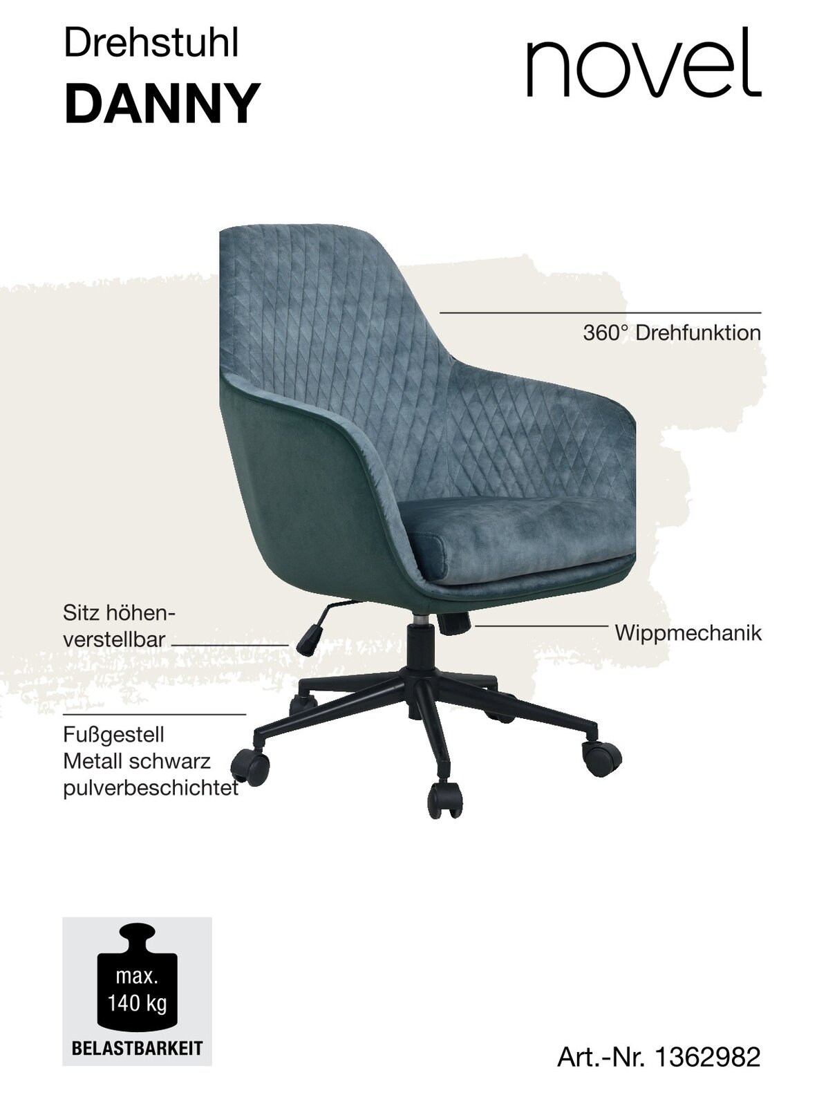 Moderner Drehstuhl DANNY in seitlicher Perspektive mit 360° Drehfunktion, höhenverstellbarem Sitz, Wippmechanik und schwarzem, pulverbeschichtetem Metallfußgestell. Maximale Belastbarkeit 140 kg.