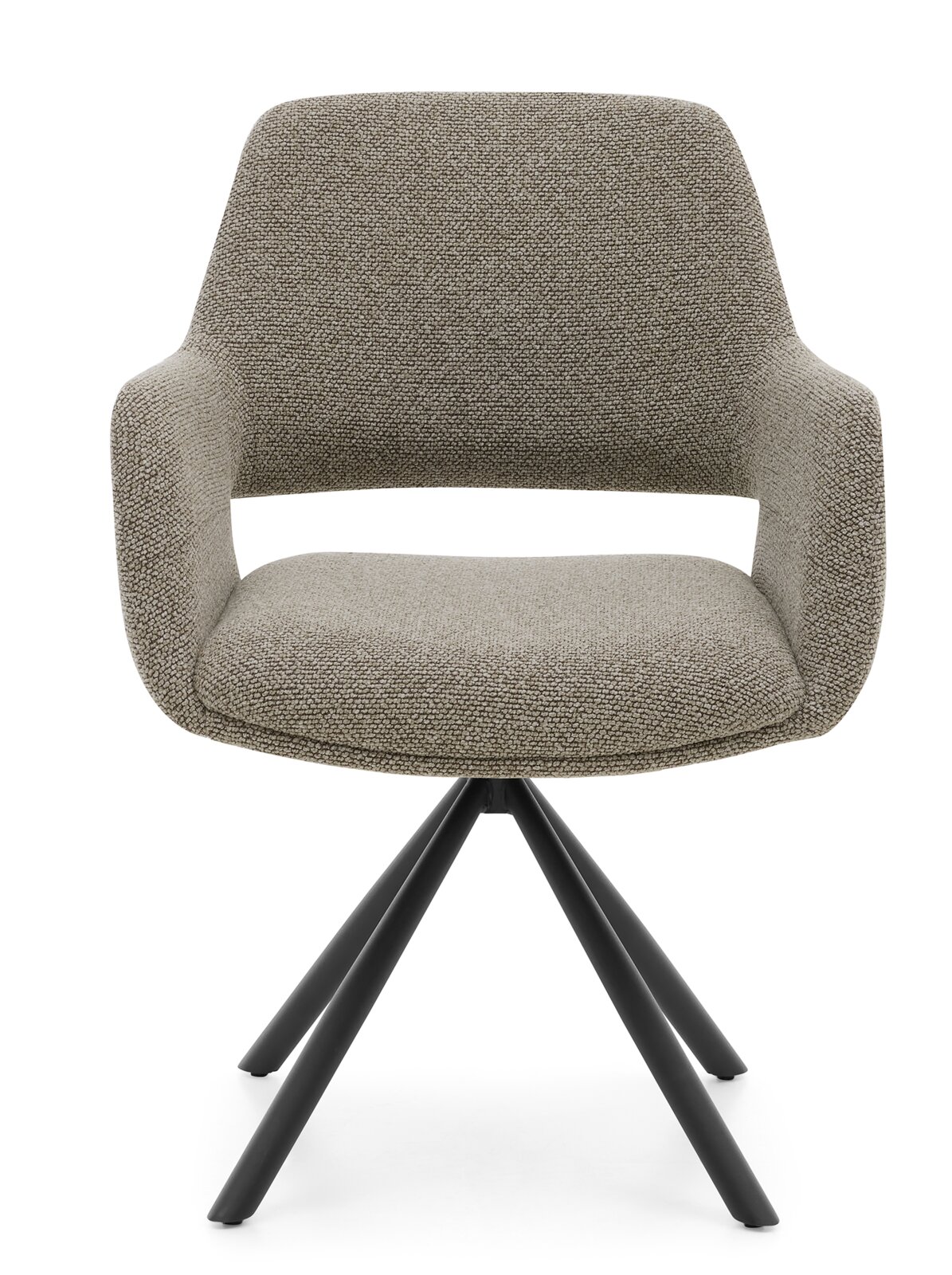 Moderne fauteuil met grijze stoffen bekleding en een zwart metalen frame, vooraanzicht