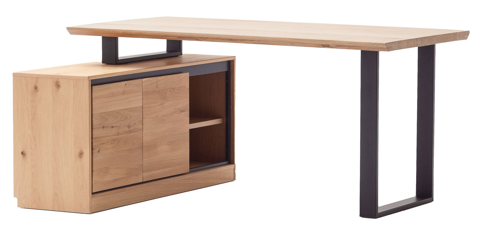 Winkelschreibtischkombination aus Holz und Metall, seitliche Perspektive