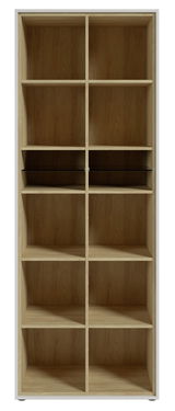 Frontale Ansicht eines hohen Aktenregals mit mehreren offenen Fächern aus Holz.