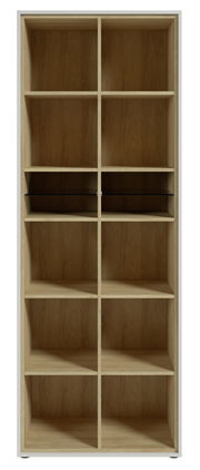 Frontale Ansicht eines hohen Aktenregals mit mehreren offenen Fächern aus Holz.