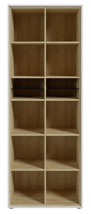 Frontale Ansicht eines hohen Aktenregals mit mehreren offenen Fächern aus Holz.