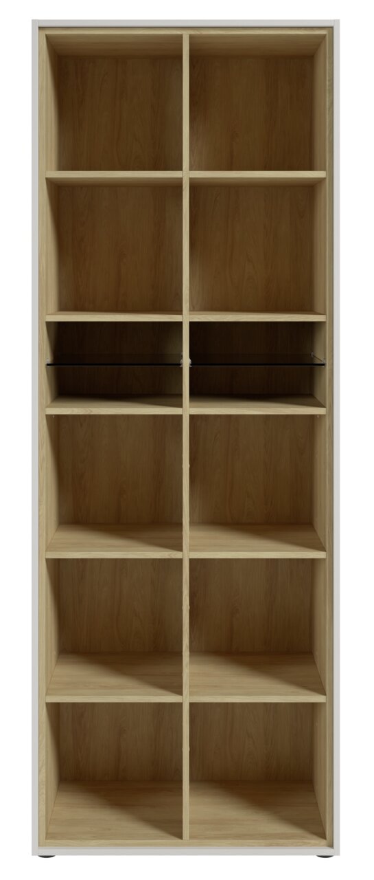 Frontale Ansicht eines hohen Aktenregals mit mehreren offenen Fächern aus Holz.