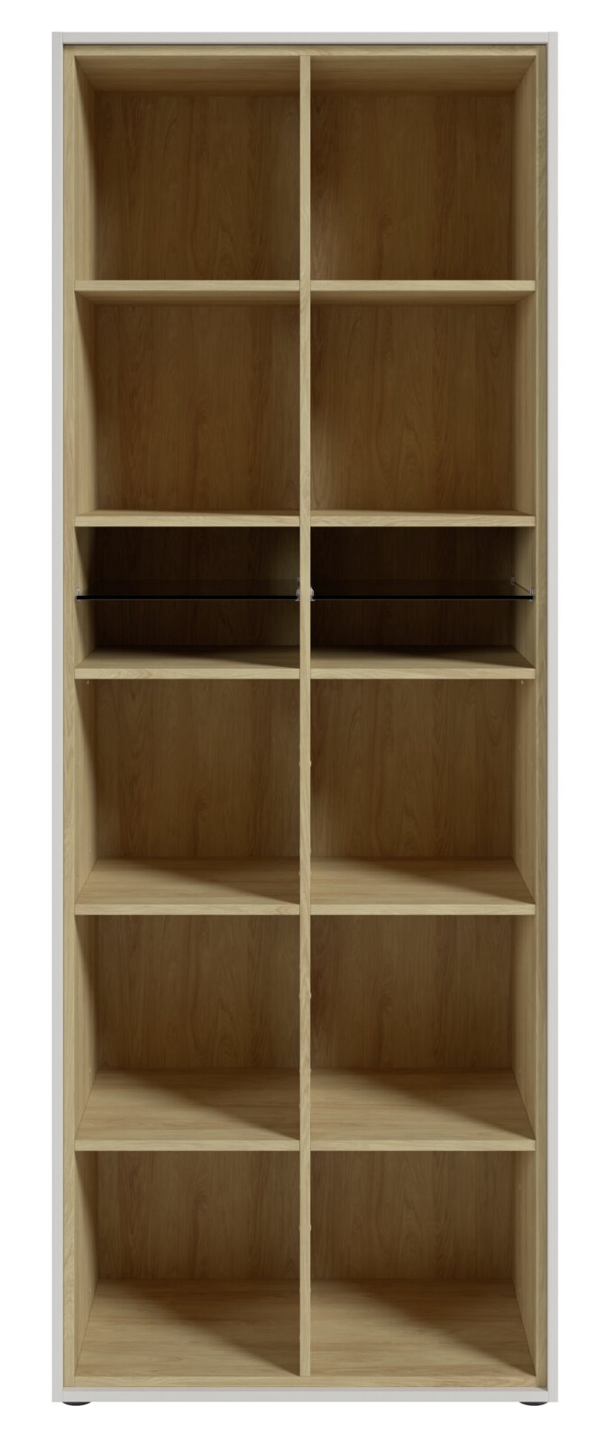 Vooraanzicht van een hoge archiefkast met meerdere open vakken van hout.