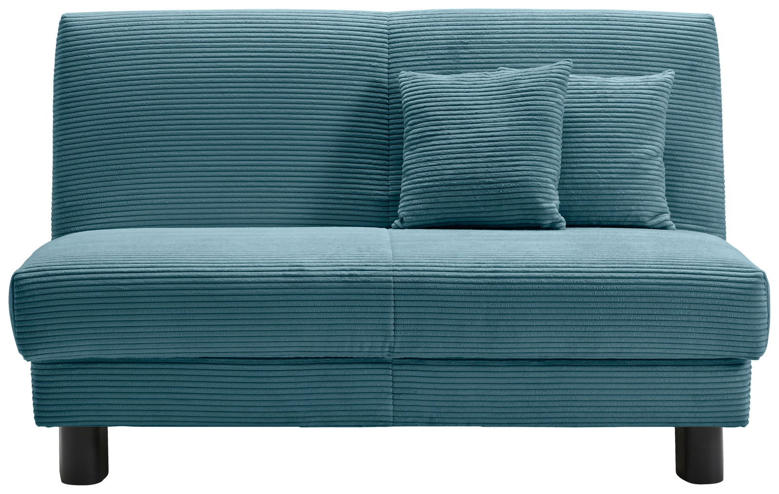 Frontale Ansicht eines türkisfarbenen Funktionssofas mit zwei passenden Kissen.