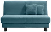 Frontale Ansicht eines türkisfarbenen Funktionssofas mit zwei passenden Kissen.