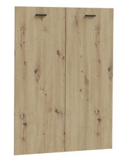 Zweiflügelige Holztür mit natürlicher Holzmaserung und schwarzen Griffen, seitliche Perspektive