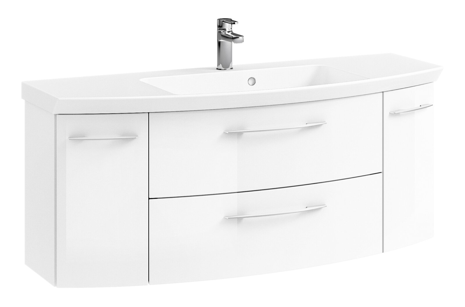 Moderner weißer Waschtisch mit geschwungenem Design und integriertem Waschbecken, Frontalansicht