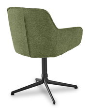 Rückansicht eines grünen Armlehnstuhls mit schwarzem Metallfuß