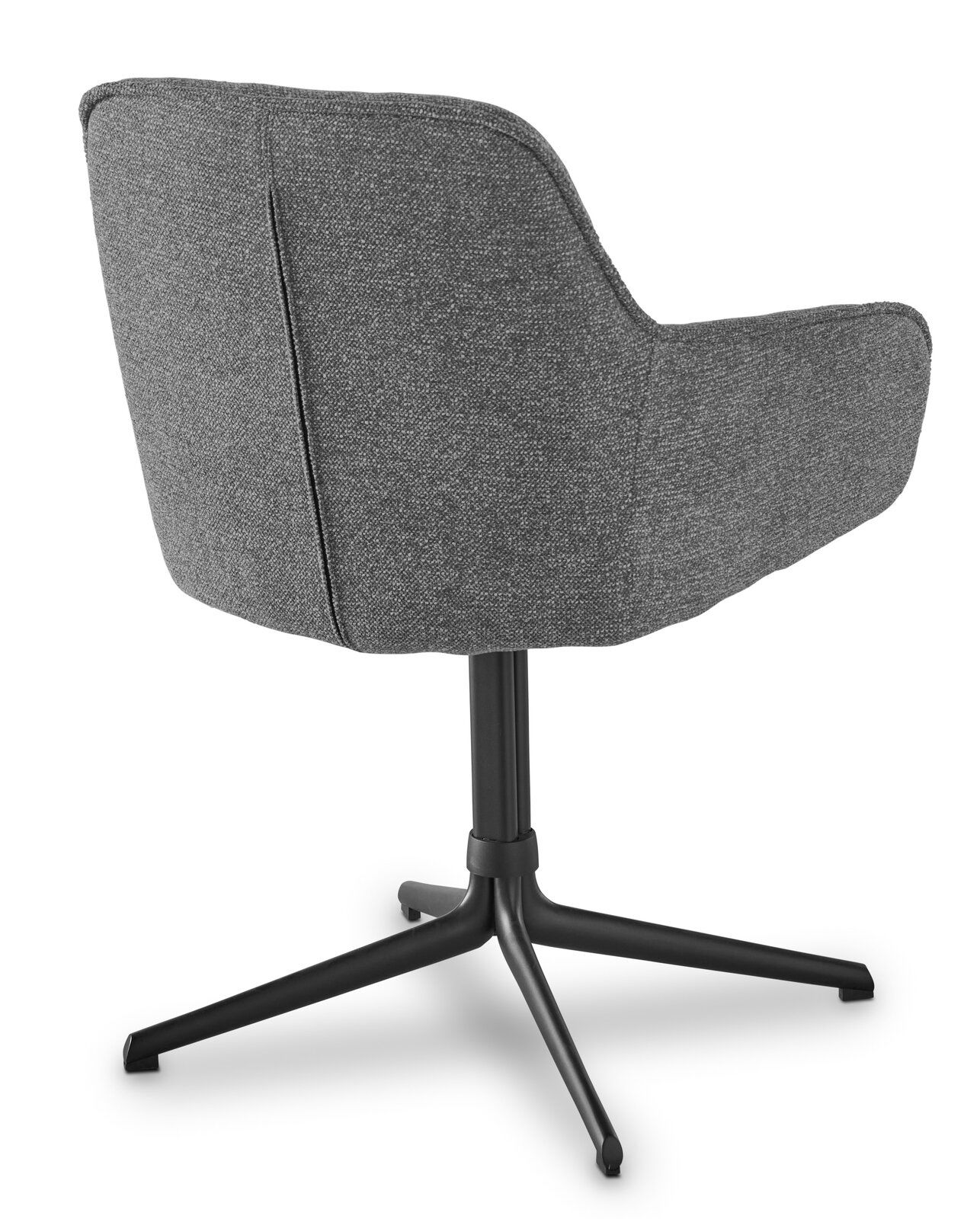 Rückansicht eines grünen Armlehnstuhls mit schwarzem Metallfuß