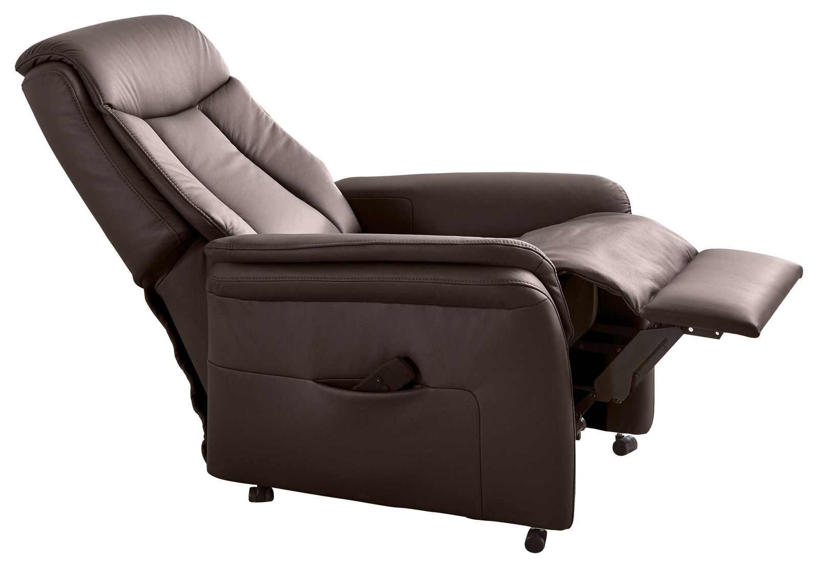 Seitliche Ansicht eines braunen Relax-Sessels mit ausgeklappter Fußstütze.