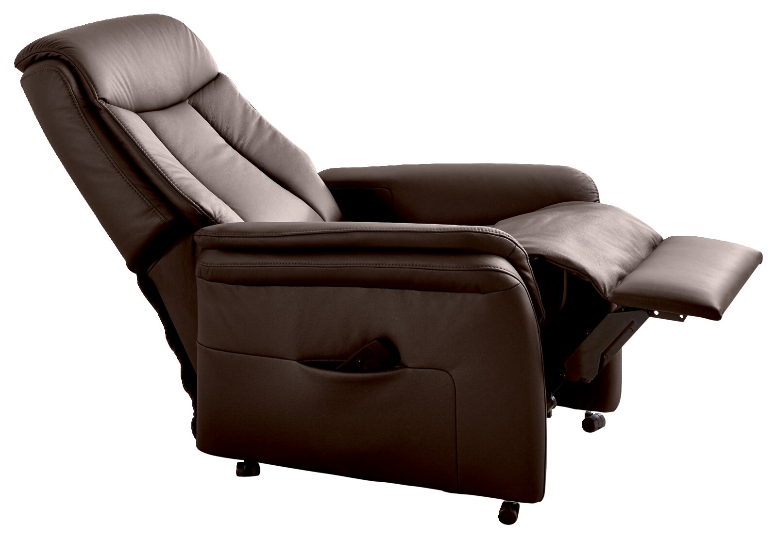 Zijaanzicht van een bruine relaxfauteuil met uitgeklapte voetsteun.