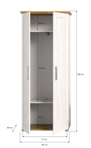 Weißer Garderobenschrank mit Holzakzenten, geöffnete Türen, Frontansicht, Maße: 196 cm hoch, 80 cm breit, 71 cm tief.