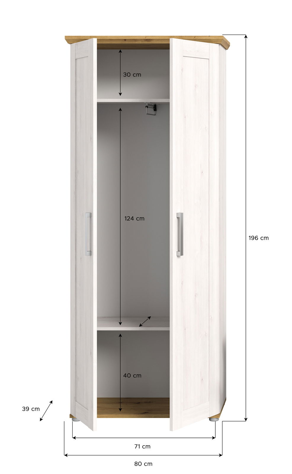 Weißer Garderobenschrank mit Holzakzenten, geöffnete Türen, Frontansicht, Maße: 196 cm hoch, 80 cm breit, 71 cm tief.