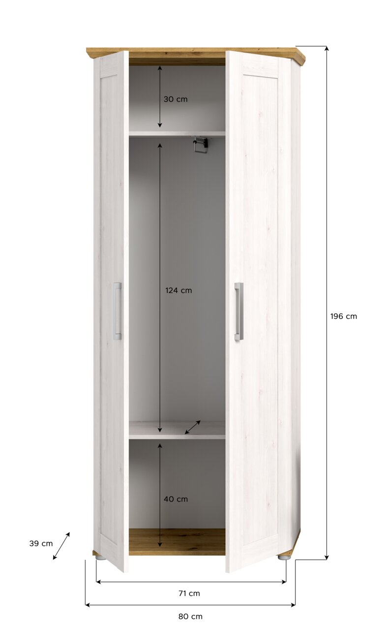 Weißer Garderobenschrank mit Holzakzenten, geöffnete Türen, Frontansicht, Maße: 196 cm hoch, 80 cm breit, 71 cm tief.