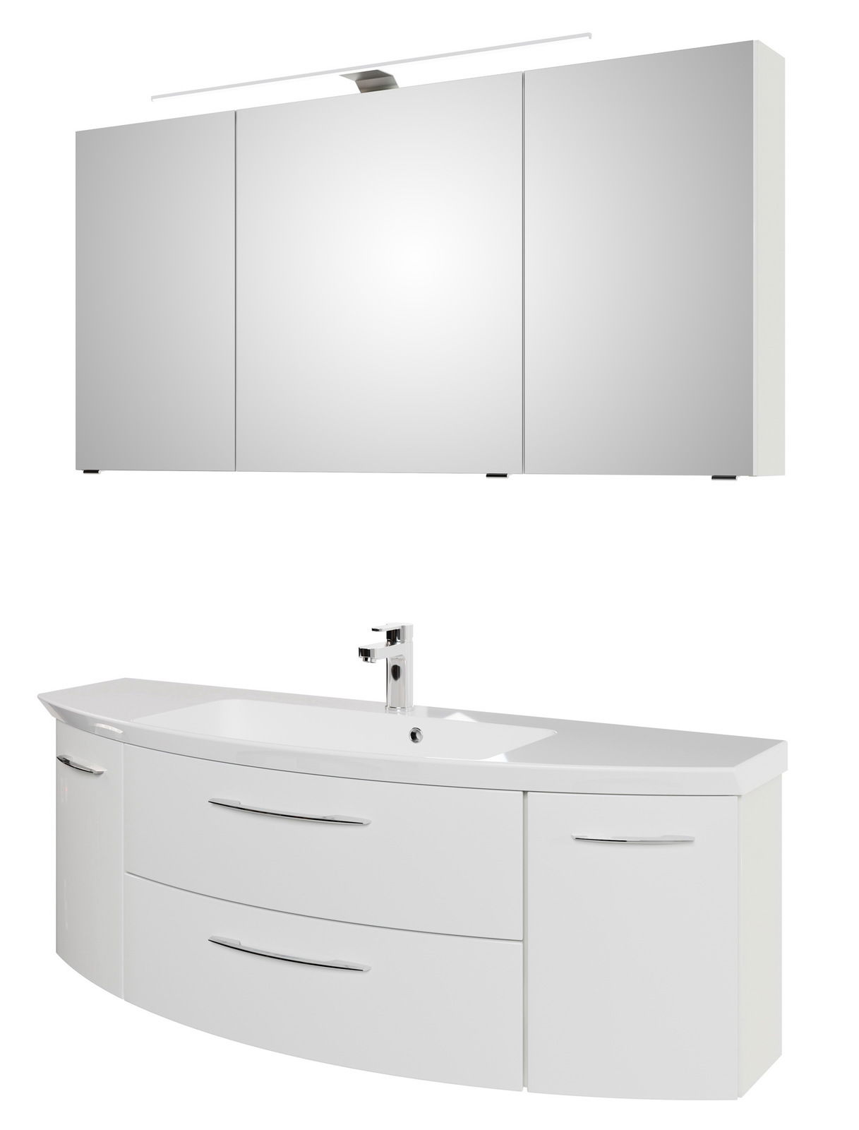 Sadena Badkombination 3-tlg. PLAKA Moderne Badkombination mit dreiteiligem Spiegelschrank und geschwungenem Waschtisch, Frontansicht.