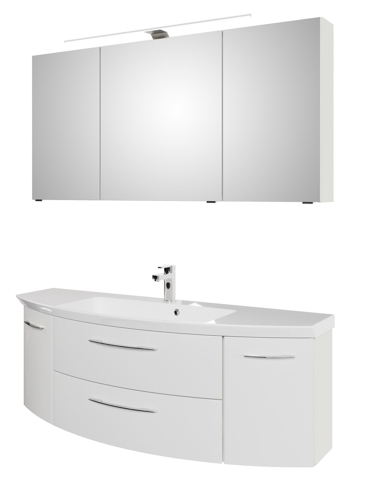 Sadena Badkombination 3-tlg. PLAKA Moderne Badkombination mit dreiteiligem Spiegelschrank und geschwungenem Waschtisch, Frontansicht.