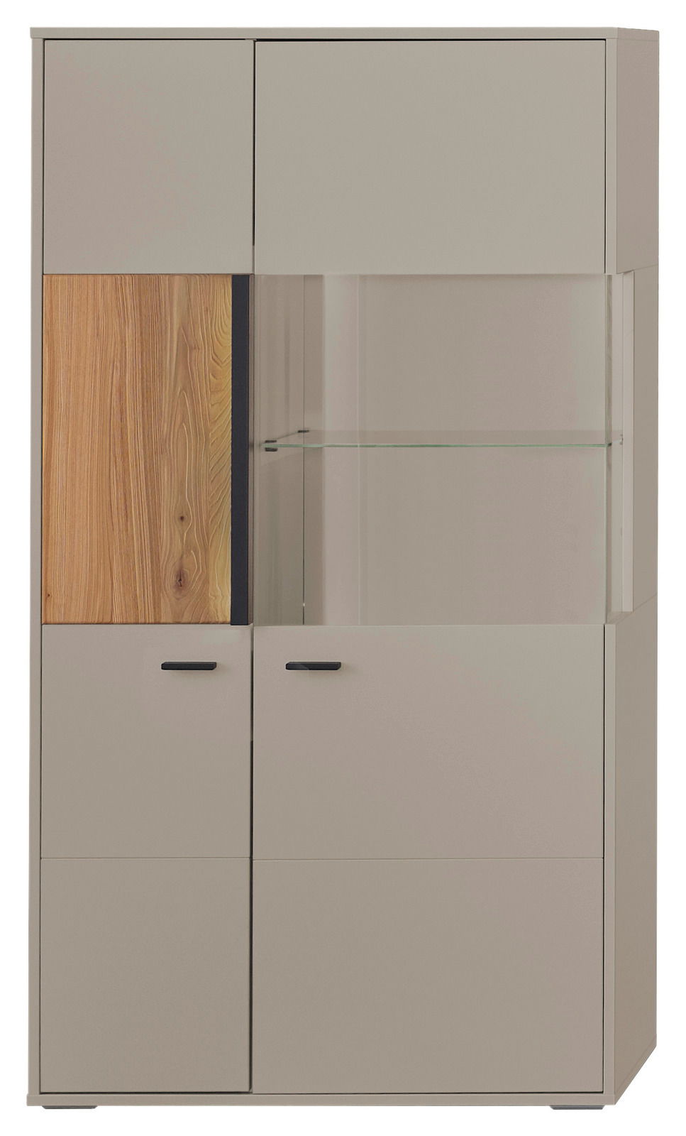 Modernes Highboard L mit Holz- und Glaselementen, Frontalansicht