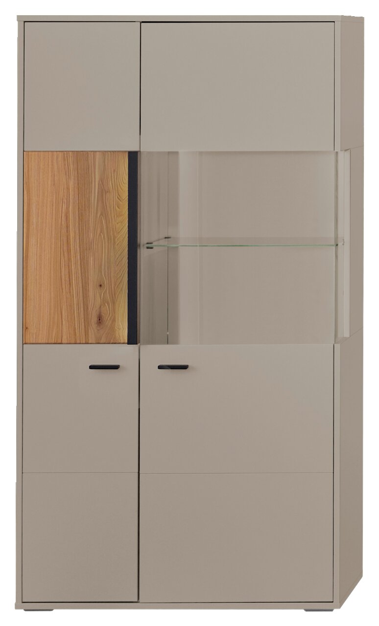Modern L-vormig hoogkast met houten en glazen elementen, vooraanzicht