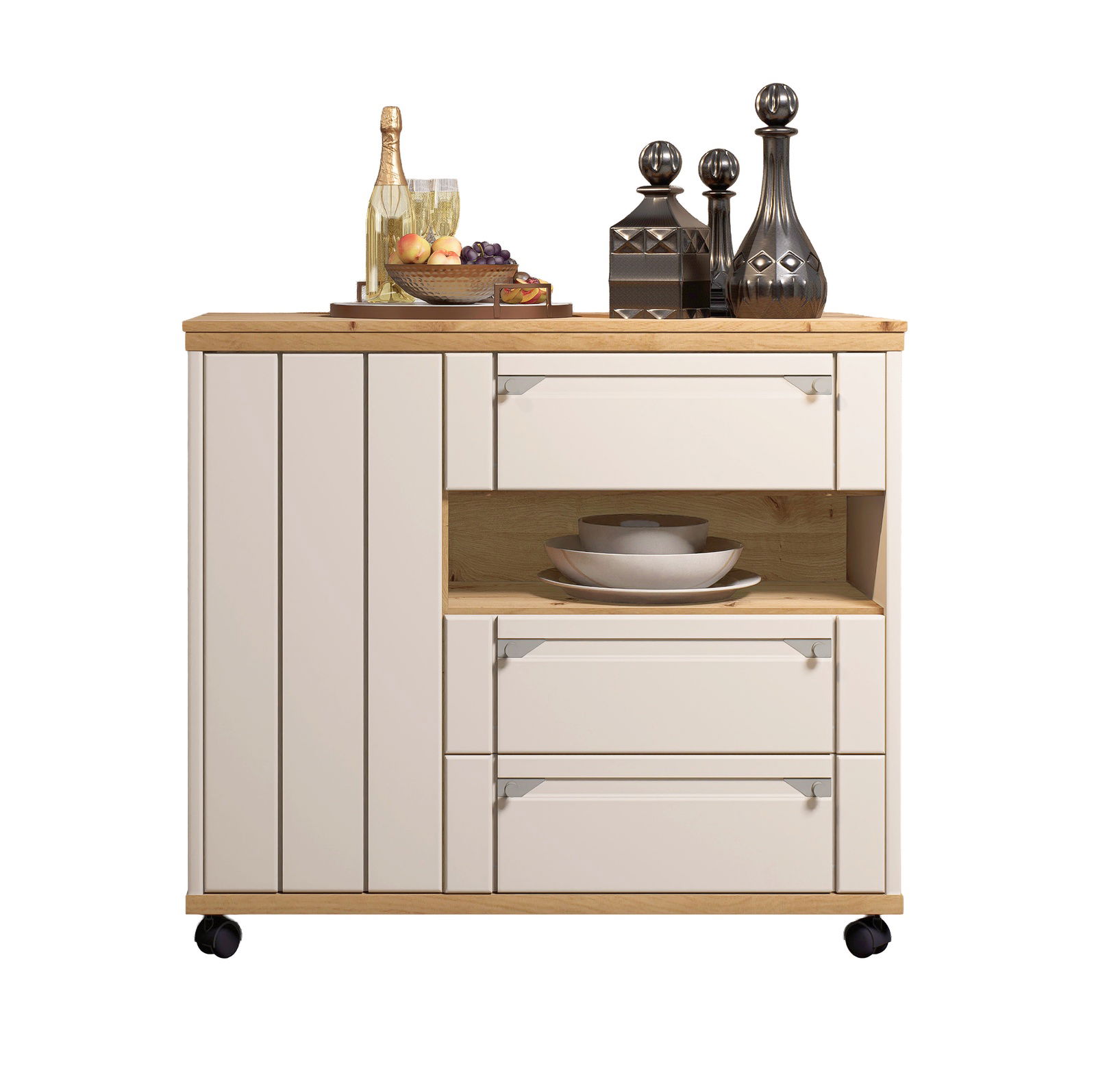 Buffetwagen mit Holzoberfläche, Schubladen und offenen Fächern, gefüllt mit Geschirr und Dekorationen, aus frontaler Perspektive.