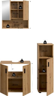 Holz-Badezimmermöbel/Waschbeckenunterschrank mit Lamellentüren und offenen Fächern, Maß- und Belastungsangaben (u. a. 16 cm, 15 cm, 51 cm, 13 cm, 24 cm, 29 cm, 33 cm; 1–8 kg), dargestellt in Frontansicht und Seitenansicht.