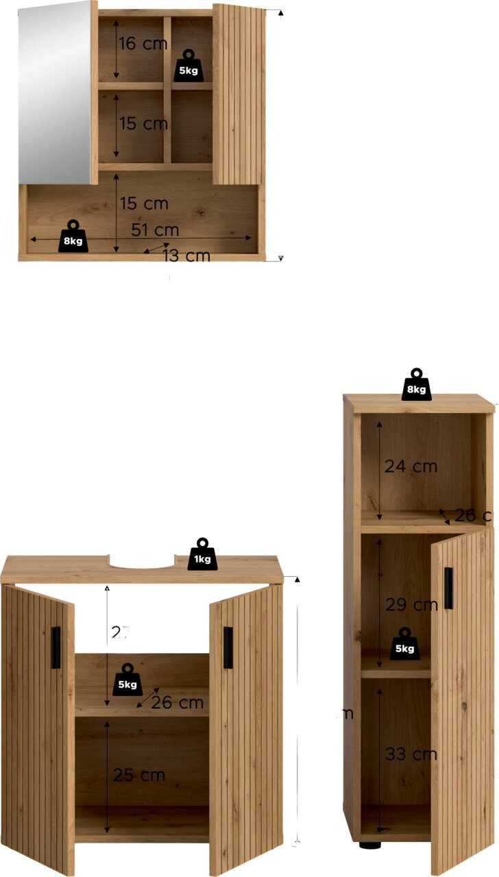 Holz-Badezimmermöbel/Waschbeckenunterschrank mit Lamellentüren und offenen Fächern, Maß- und Belastungsangaben (u. a. 16 cm, 15 cm, 51 cm, 13 cm, 24 cm, 29 cm, 33 cm; 1–8 kg), dargestellt in Frontansicht und Seitenansicht.