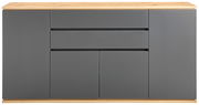 Frontale Ansicht eines modernen Sideboards mit grauen Türen und Schubladen, sowie einer Holzoberfläche.