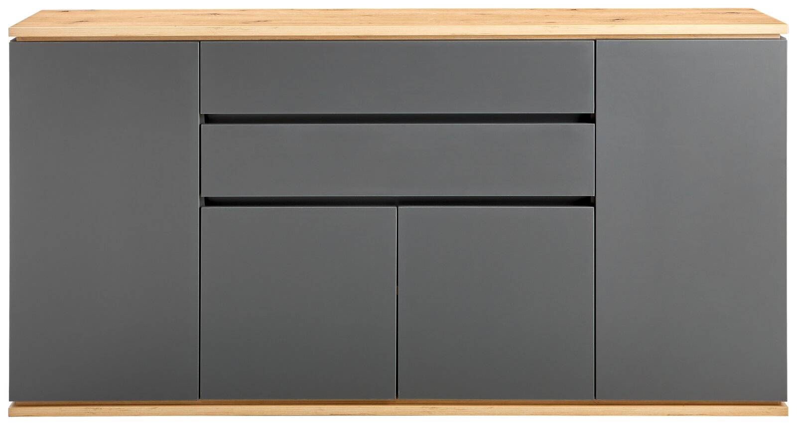 Frontale Ansicht eines modernen Sideboards mit grauen Türen und Schubladen, sowie einer Holzoberfläche.