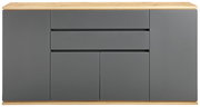 Frontale Ansicht eines modernen Sideboards mit grauen Türen und Schubladen, sowie einer Holzoberfläche.