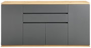 Frontale Ansicht eines modernen Sideboards mit grauen Türen und Schubladen, sowie einer Holzoberfläche.