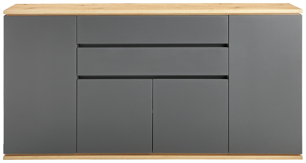 Vooraanzicht van een modern dressoir met grijze deuren en lades, en een houten oppervlak.